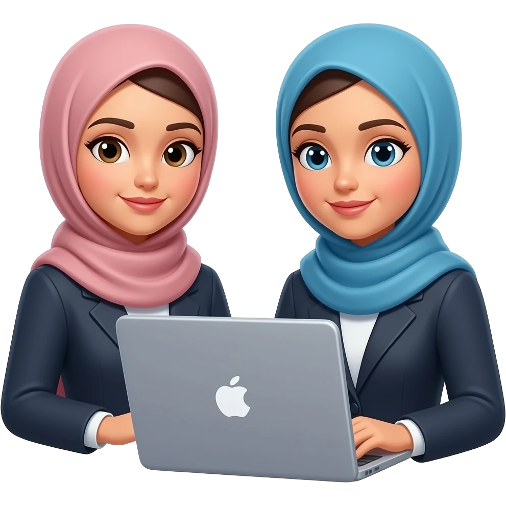 اعمل ستيكر لبينتين محجبات تخصصهم امن سبراني وقاعدين بشتغلو على اللابتوب وبشرتهم حنطيه emoji