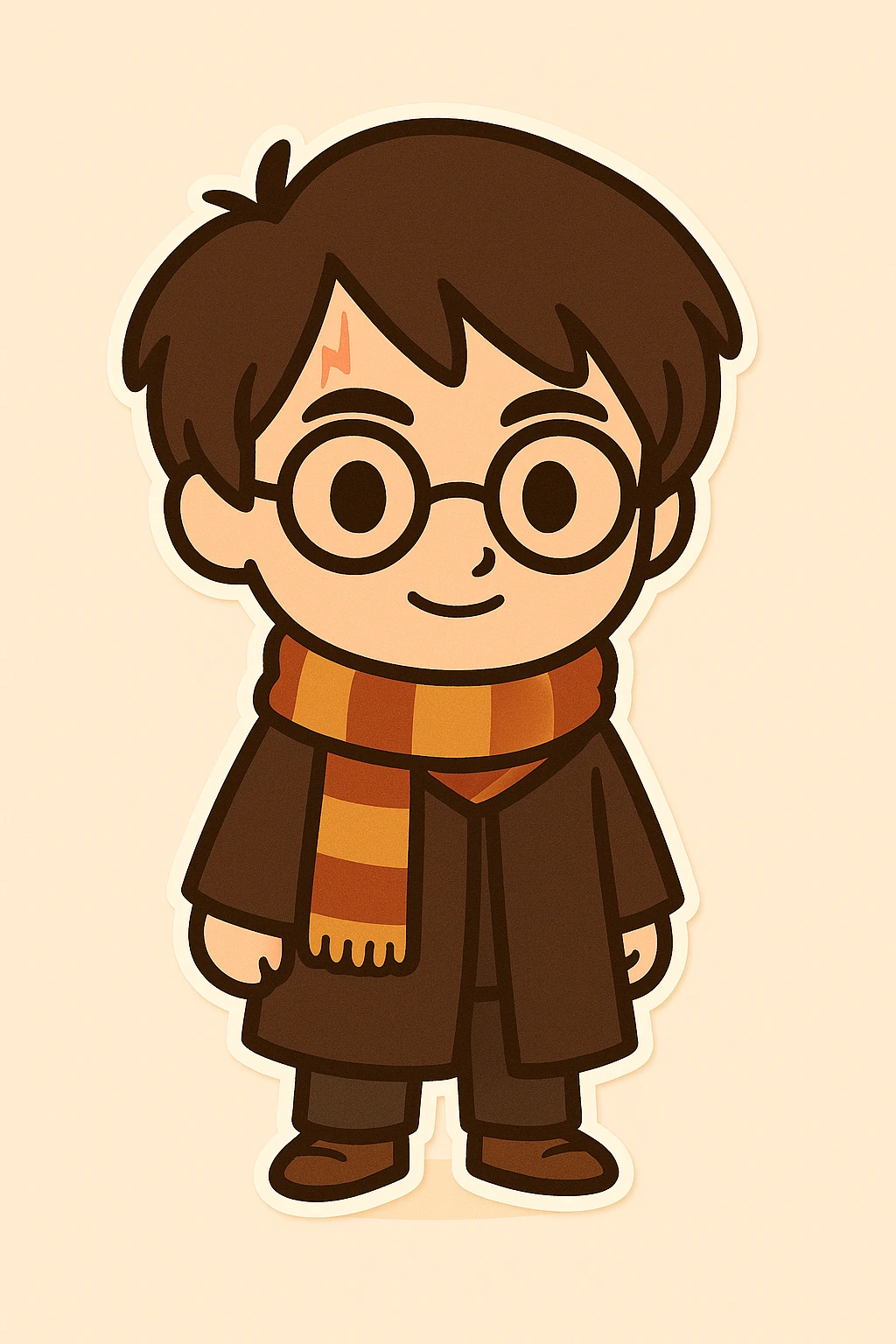 Full body illustration of Harry Potter in a cute, cartoon, simplified style similar to the previous image. Features include dark brown hair, round glasses, scar on forehead, striped scarf, Hogwarts robe, friendly expression, no wand, with bold black lines and soft colors. emoji