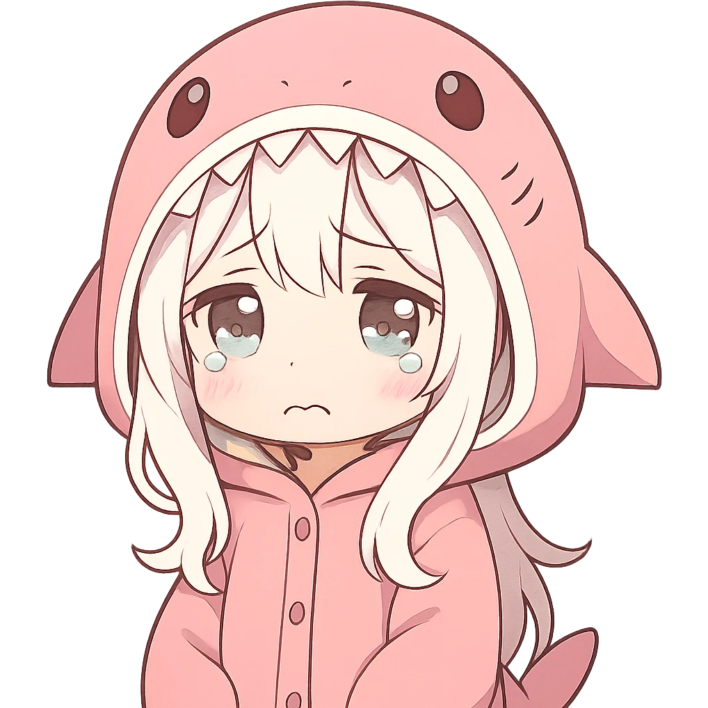 cute anime style girl with white hair wearing a pink shark onesie, very cute sad expression emoji
