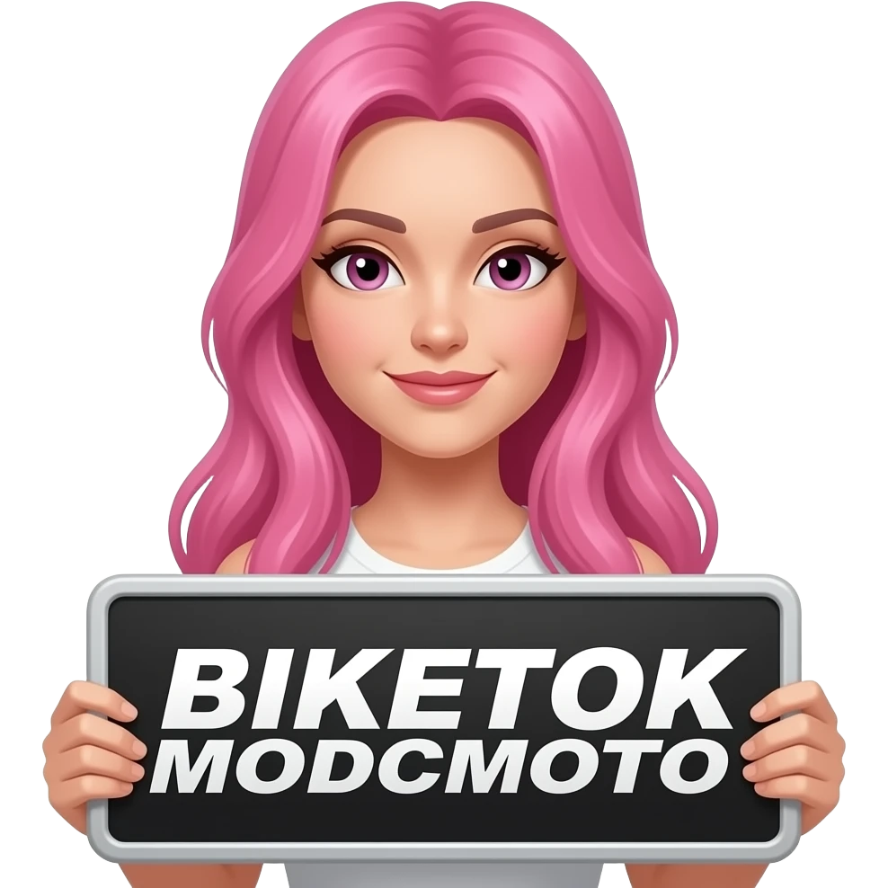 sexy girl with long pink hair holding a BIKETOK MODCMOTO sign emoji
