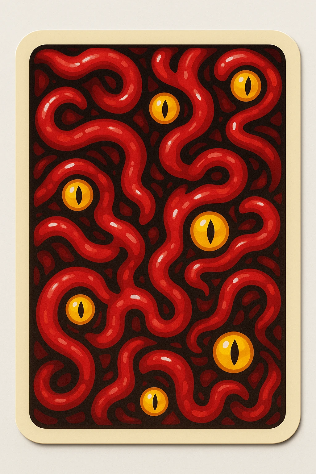 Render a card game card back using the provided painting as the base. Keep the red tentacle and yellow eye motif, add a bold border to make it look like a card back, in retro sticker style with vibrant colors and clean outlines. No central emblem, just the motif and border. emoji