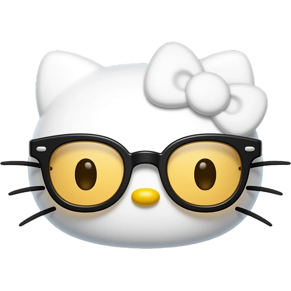 A minimalist Apple-style emoji of Hello Kitty's face. She has no mouth, small whiskers, a yellow nose, and is wearing thick-rimmed black glasses with amber lenses and a white bow, centered on a solid black background emoji