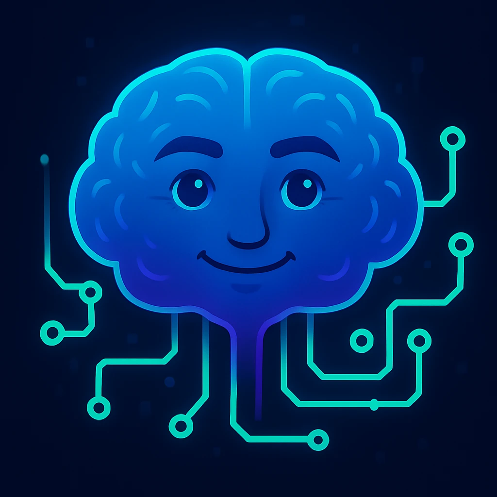 Make the sentient AI brain look more human, adding subtle facial features and a warm, approachable expression, keeping the vibrant, modern style. emoji