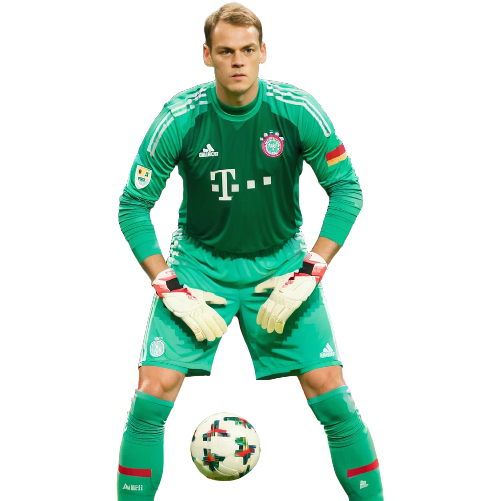 Manuel Neuer, classic goalkeeper stance, green kit, gloves, short hair emoji