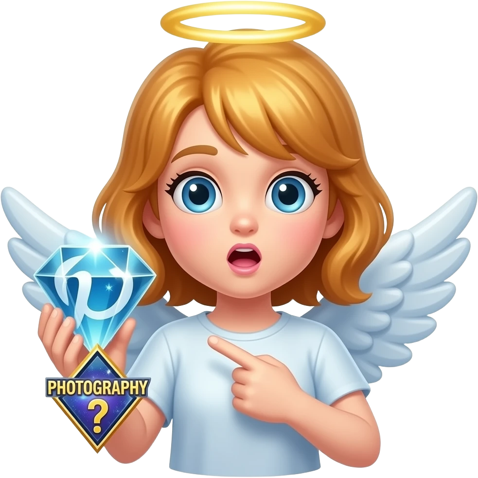 An ethereal blue eyes, glowing amber hair, angel, hand made of starlight holding a crystalline Pinterest logo on the right hand, surprised, pointing at self. A diamond, shining text: 'PHOTOGRAPHY?' on the bellow left hand. Glowing nebula colors, isolated on white, bold 3D icon emoji