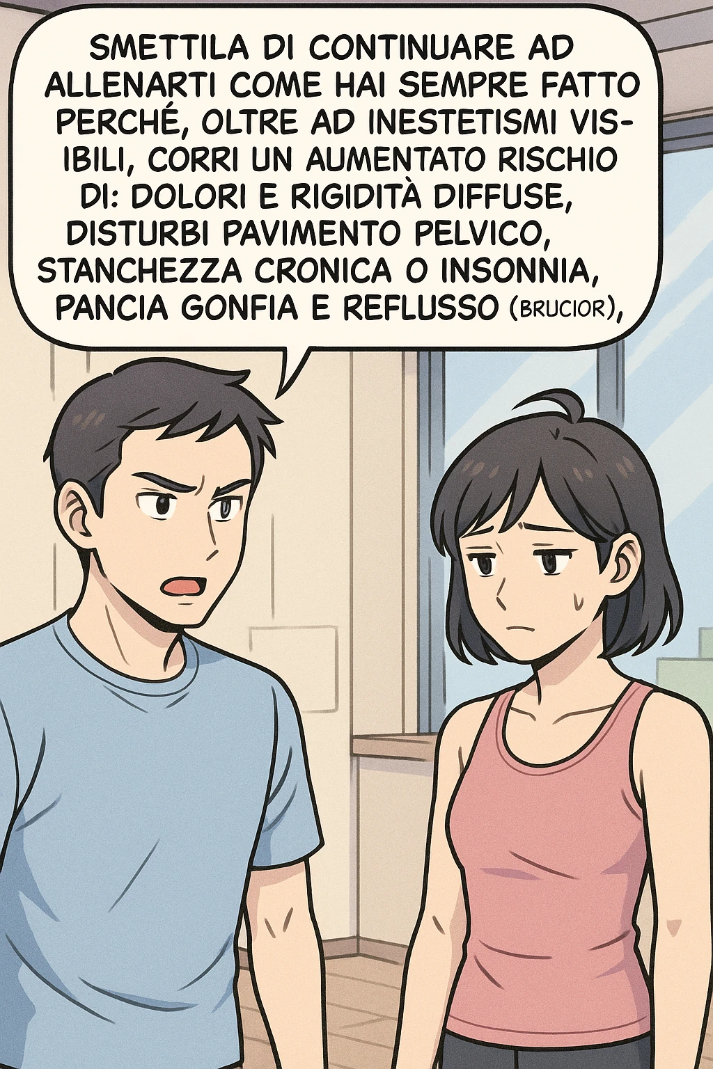 TRASFORMA QUESTO CAROSELLO IN UN FUMETTO STILE MANGA A COLORI CON QUESTE DUE PERSONE IDENTICHE CHE INTERLOQUISCONO TRA LORO:

LUI (UOMO): Smettila di continuare ad allenarti come hai sempre fatto perché, oltre ad inestetismi visibili, corri un aumentato rischio di:
    • dolori e rigidità diffuse
    • disturbi pavimento pelvico
    • stanchezza cronica o insonnia
    • pancia gonfia e reflusso (bruciore)
    • etc… emoji