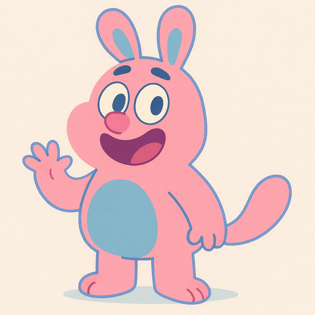 friendly animal in pastel pink and blue, calArts 2010s cartoon style emoji