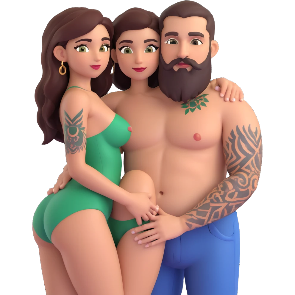 Short Brown eyed Latina woman with pierced nipples, small breasts and tattoos having sex with a tall white man with green eyes and a beard grab big booty emoji