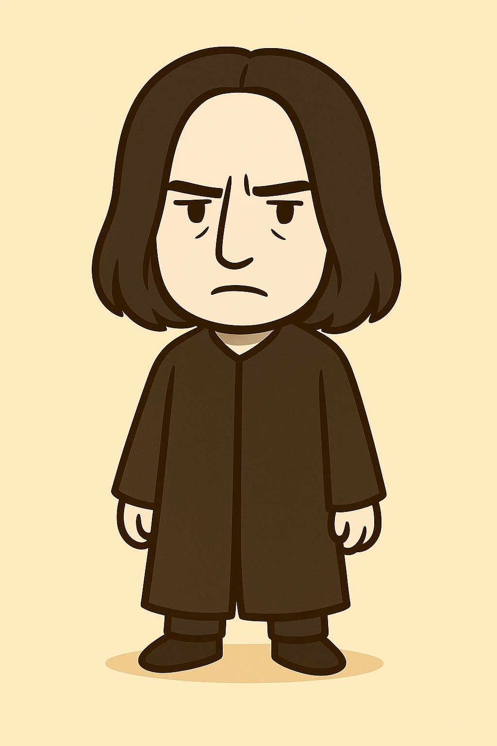 Full body illustration of Severus Snape in a cute, cartoon, simplified style similar to the Voldemort example. Features include long straight black hair, serious expression, long black robe, with strong black lines and soft colors. emoji