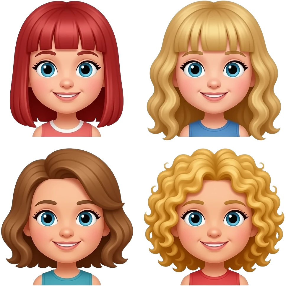 Cartoon friends.  1 with red shoulder length straight hair and bangs, 1 with shoulder length blonde wavy hair with bangs and 1 with below shoulder length blonde curly hair emoji