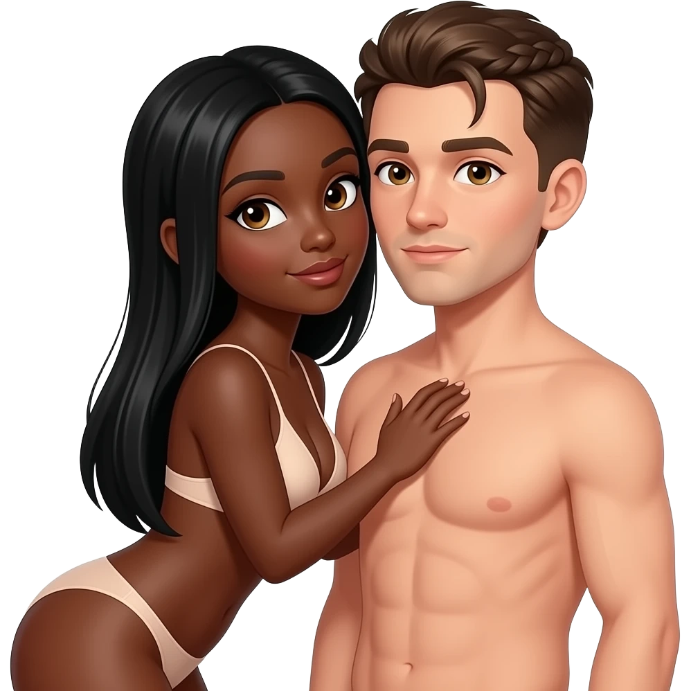 Lightskin black woman with brown eyes & long black straight hair wearing nothing nude bent over having sex with a skinny white man with hazel eyes & dark blonde hair braids wearing nothing nude emoji