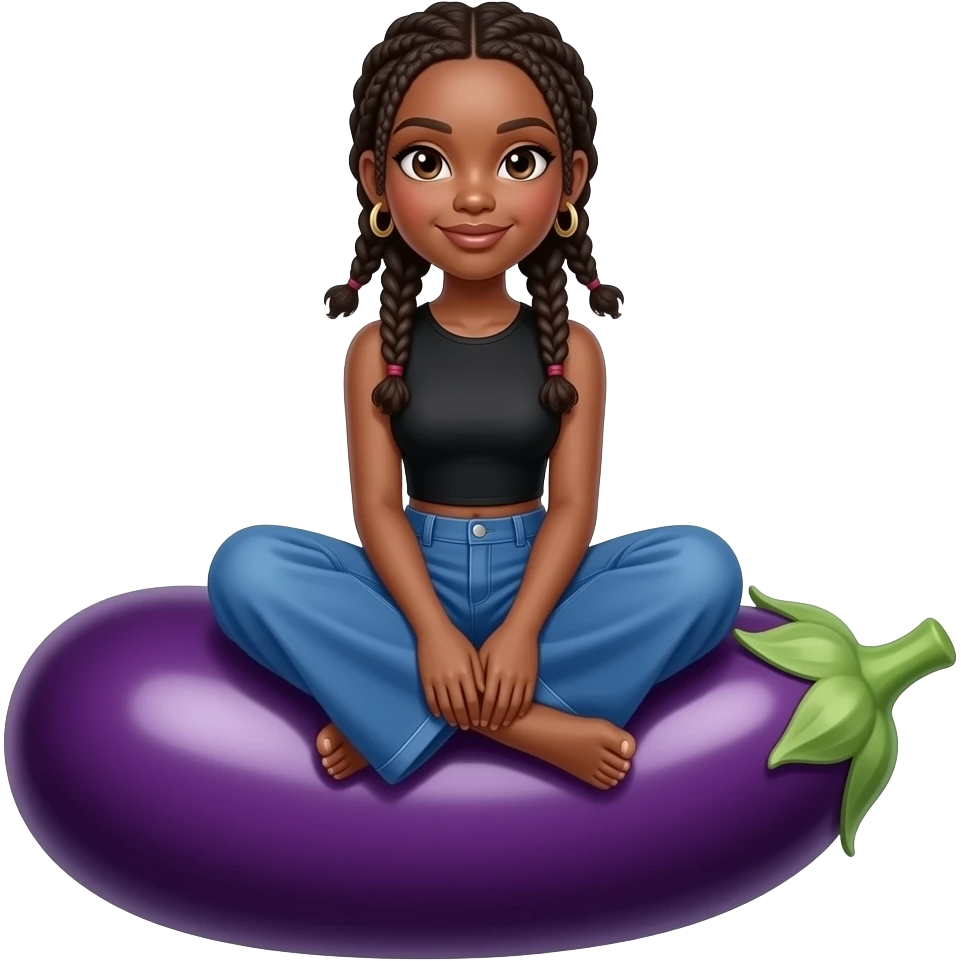 a black girl sitting on an eggplant with crossed legs wearing a baggy blue trousers with a slim fitted black top with knotless braids a hair style emoji