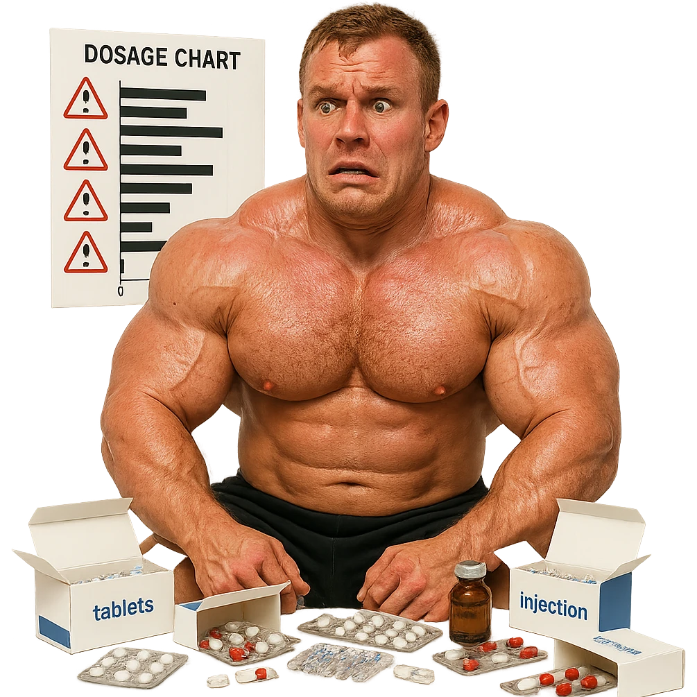 realistic beginner bodybuilder with swollen muscles and red skin, surrounded by open boxes of drugs, fearful expression, dosage chart with danger signs, white background, 4K quality emoji