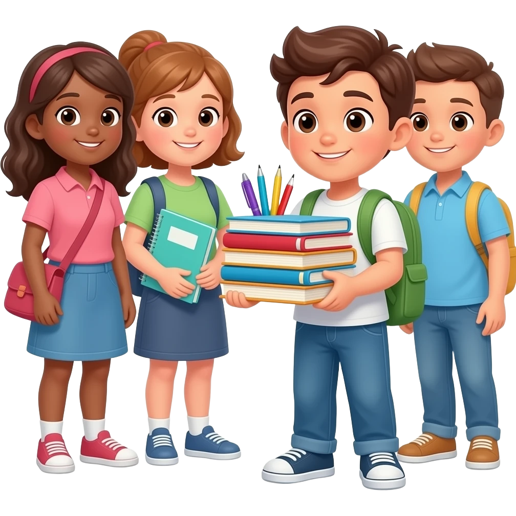 мальчик приносит своим сверстникам стопку тетрадей и ручки emoji