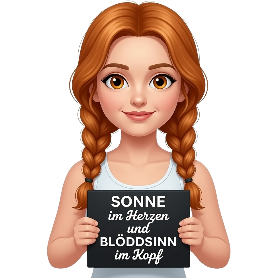 sexy girl with long ginger braids and ginger eyes wearing a white tanktop is holding a black sign with SONNE im Herzen und BLÖDSINN im Kopf written on it emoji