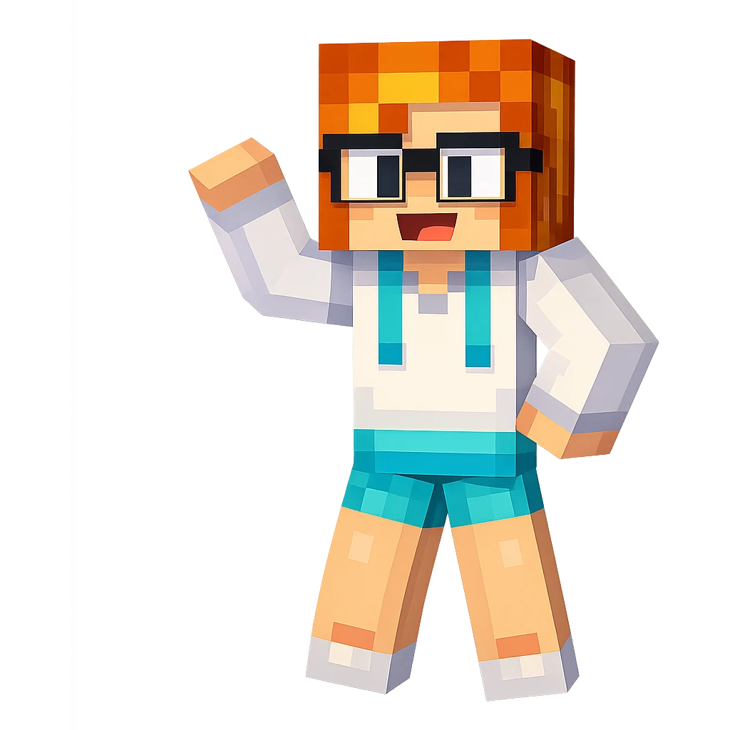 Extract only the fifth character from the left with orange hair, glasses, and blue shorts, keep the original Minecraft cartoon style and appearance, place on a transparent background. emoji