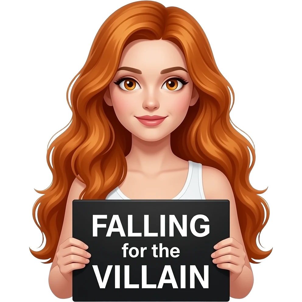 sexy girl with long wavy ginger hair and ginger eyes wearing a white tanktop is holding a black colored sign with FALLING for the VILLAIN written on it emoji