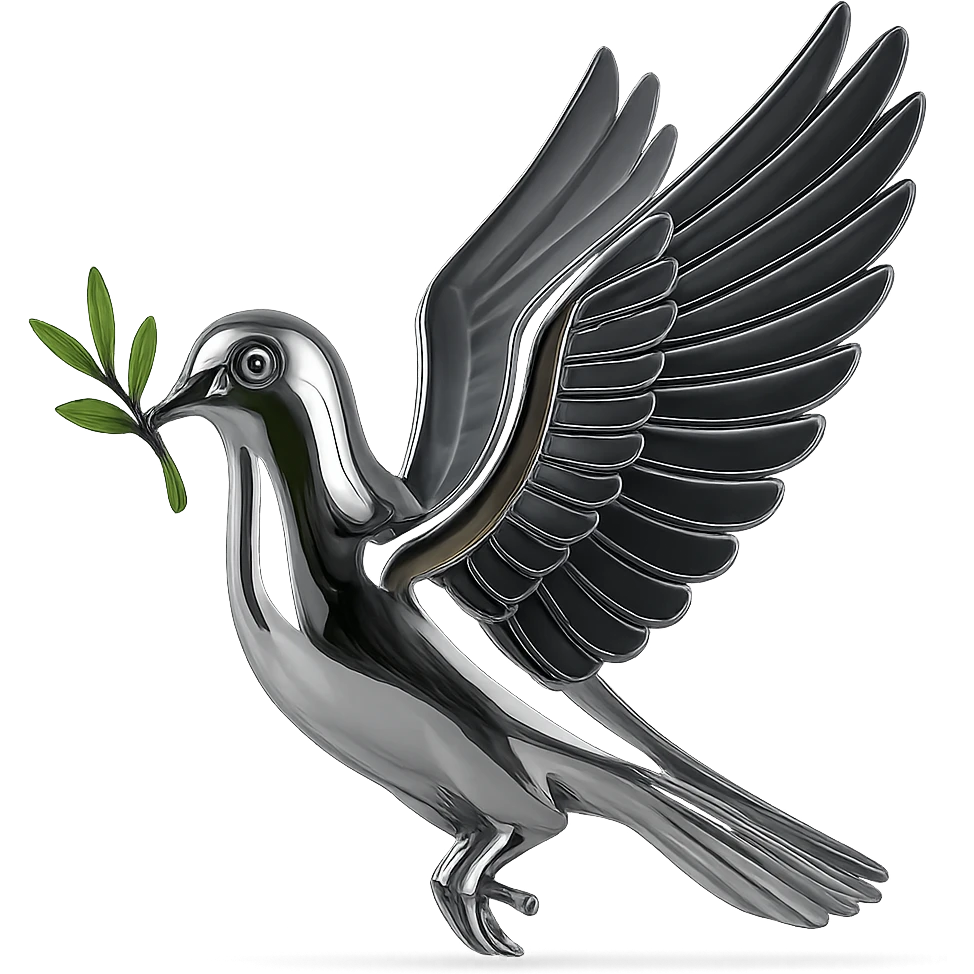 Make the branch in the pigeon's beak green while keeping the rest of the image in chrome style, no background. emoji