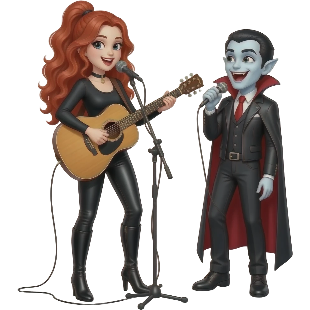 Vampiro femmina ADOLESCENTE con pelle bianca e capelli rosso ondulati lunghi raccolti in una mezza coda che indossa dei pantaloni di pelle neri un top nero con maniche lunghe e degli stivali lunghi con tacco che canta e suona una chitarra di legno e la sua amica VAMPIRA canta e sono felici emoji