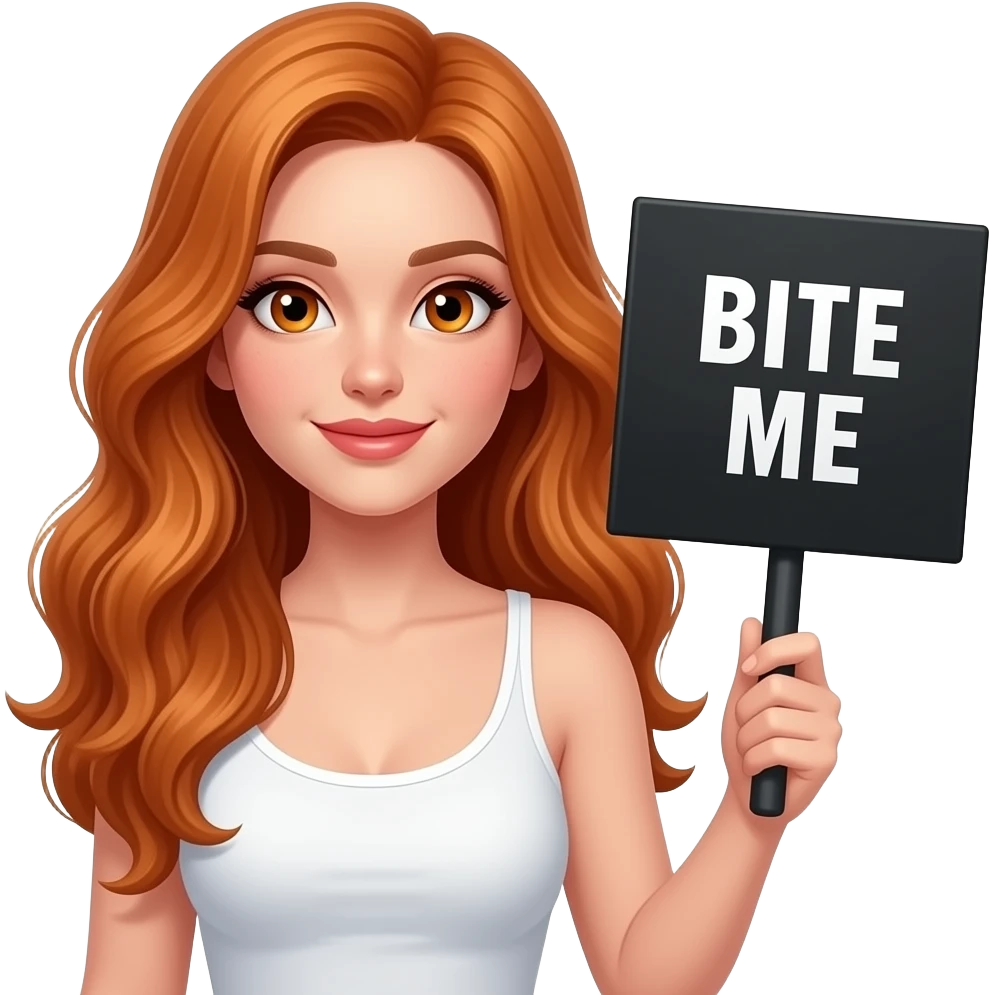 sexy girl with long wavy ginger hair and ginger eyes wearing a white tanktop is holding a black colored sign with BITE ME written on it emoji