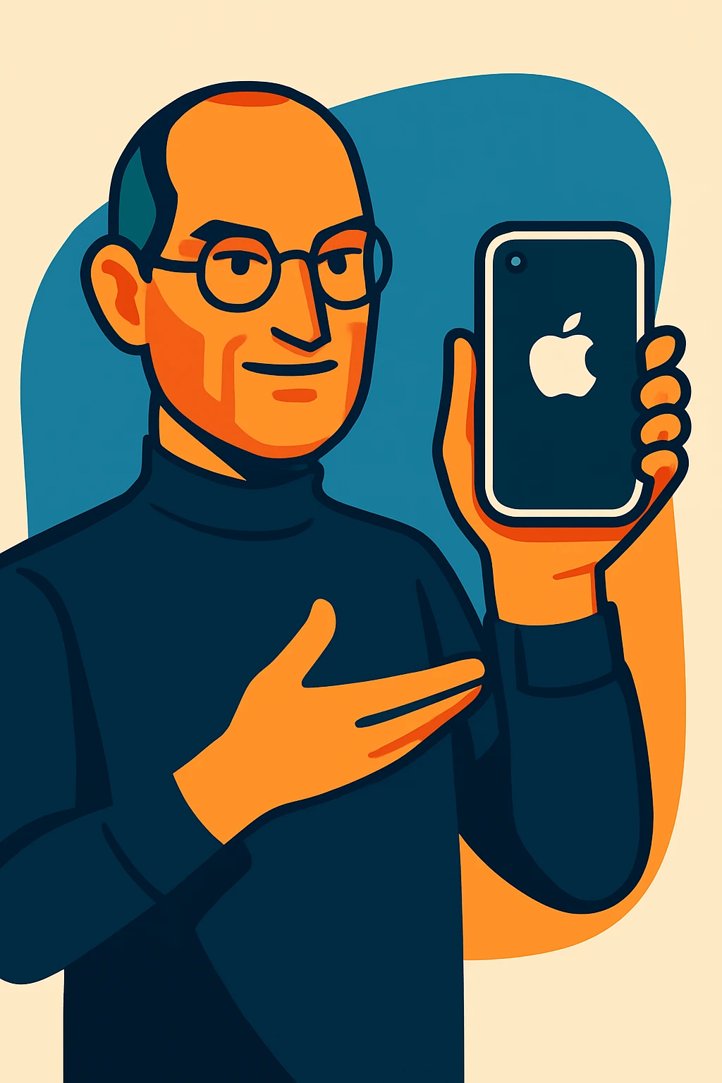 Add a modern style Apple logo to the iPhone Steve Jobs is holding, maintaining the modern illustration style of the image. emoji
