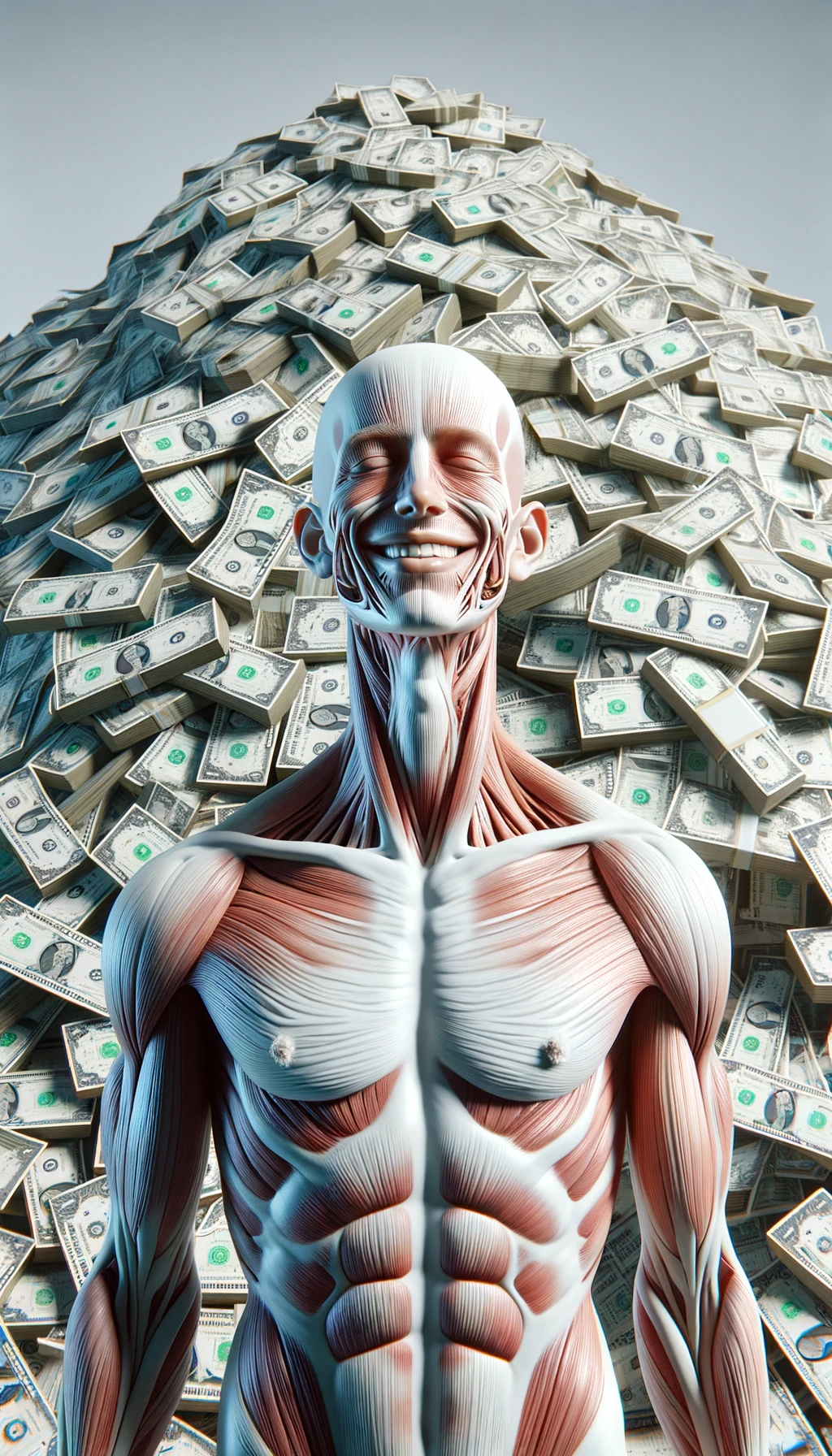 corpo umano anatomico sereno e felice con una montagna di banconote davanti al viso, espressione stupita, iperrealistica 4k, isolato su sfondo bianco emoji