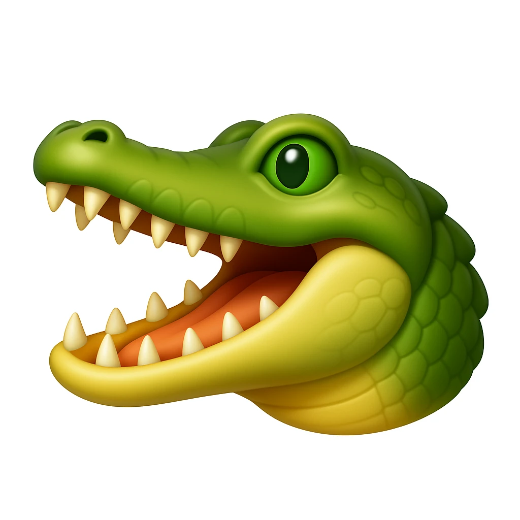 Create a crocodile emoji that looks exactly like the reference image in iOS emoji style. The emoji should be 3D with shiny, smooth gradients, soft shadows, and a realistic crocodile head with green scales and an open mouth, capturing the classic emoji look. Add a subtle highlight to the scales. emoji