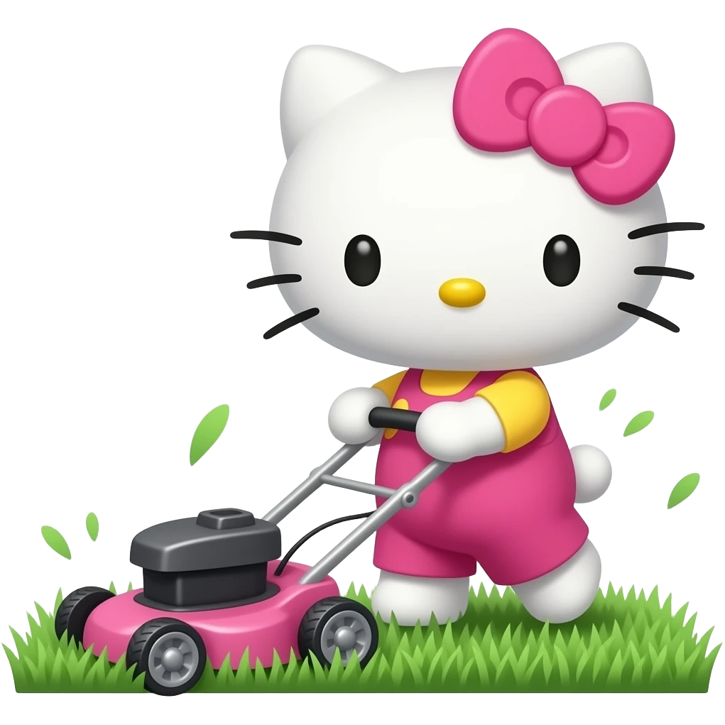 full pink hello kitty mowing the lawn with a lawn mower emoji