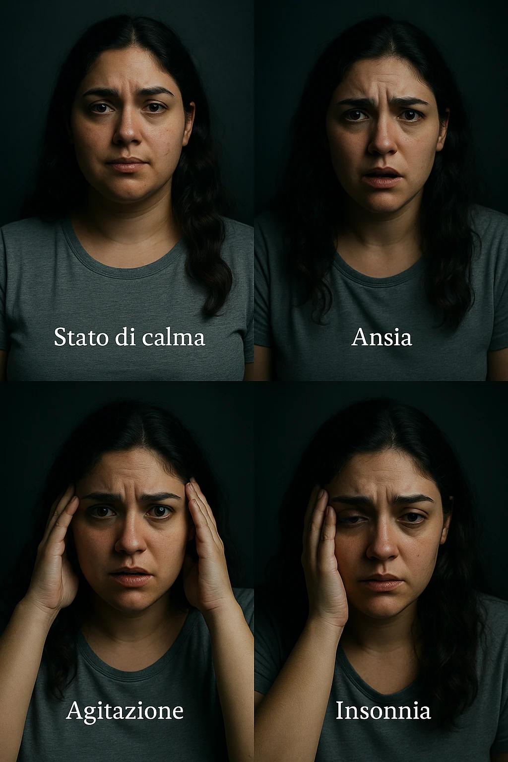 vertical realistic cinematic image in Italian: multi-phase sequence showing a woman with PCOS from a calm state to increasing anxiety, agitation, and insomnia. Dramatic clinical lighting, Italian captions, aspect ratio 2:3. emoji
