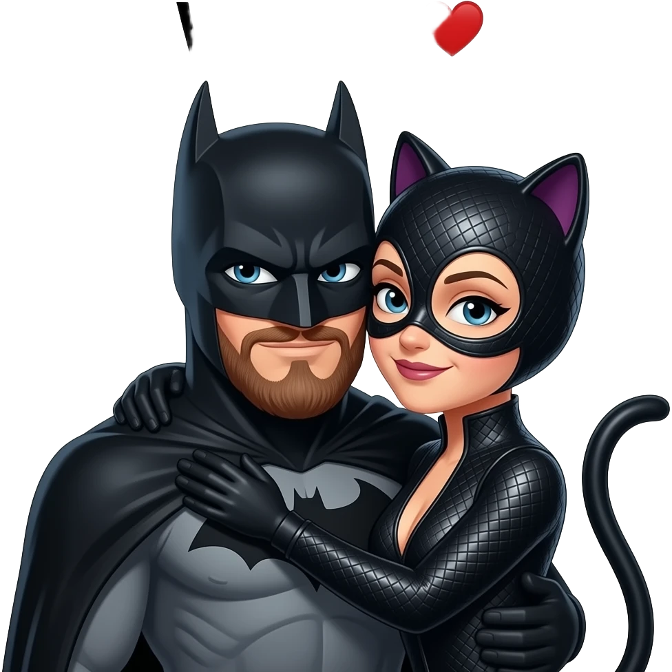 Bearded Batman hugging his love catwomen and above them the text “WAHD ♥️” emoji