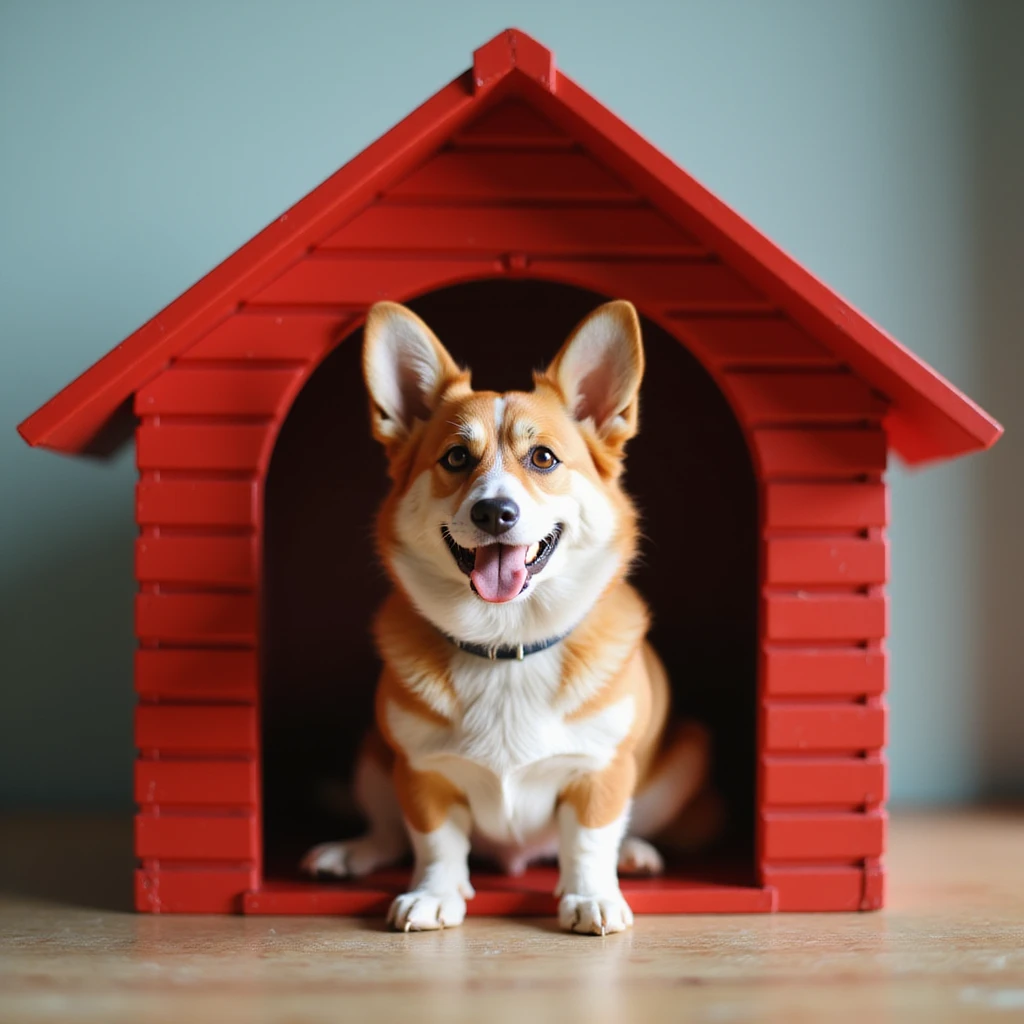realistic red dog house with a Corgi dog inside, Corgi looking out the window, photorealistic style emoji