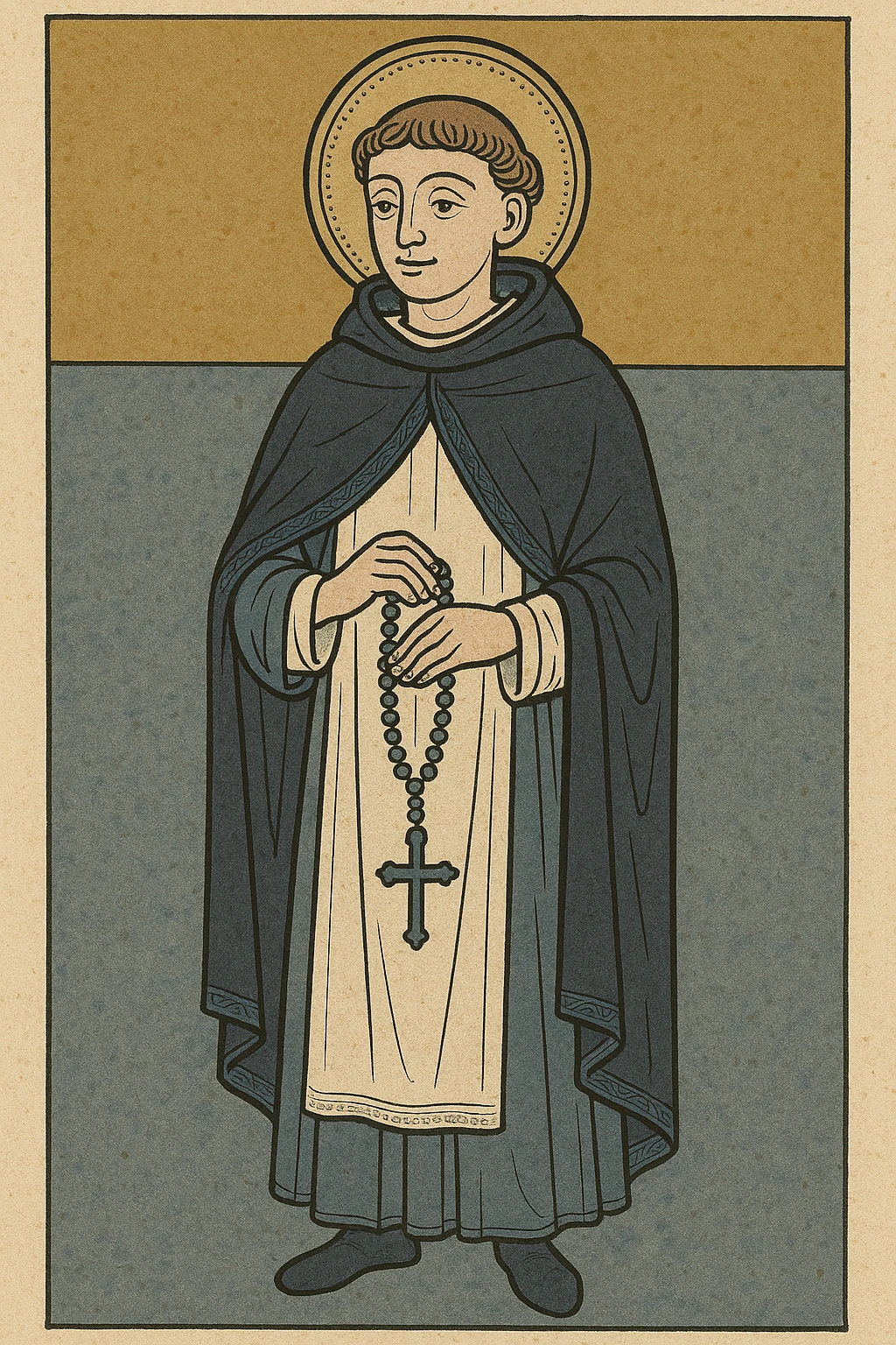 3rd Order Dominican monk wearing a simple black cape over a white tunic, holding a rosary, gentle and humble expression, standing, religious icon style emoji