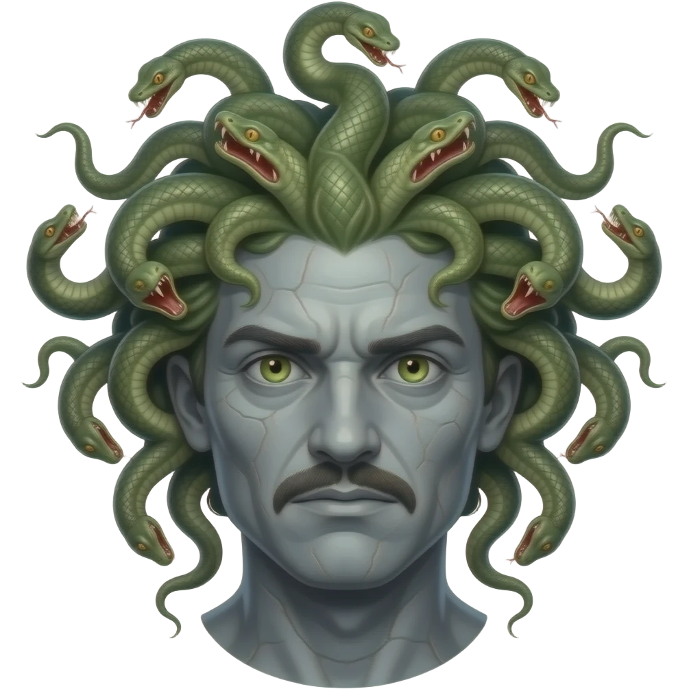 Medusa with scary eyes and  with a head full of scary snakes turning a man into stone emoji