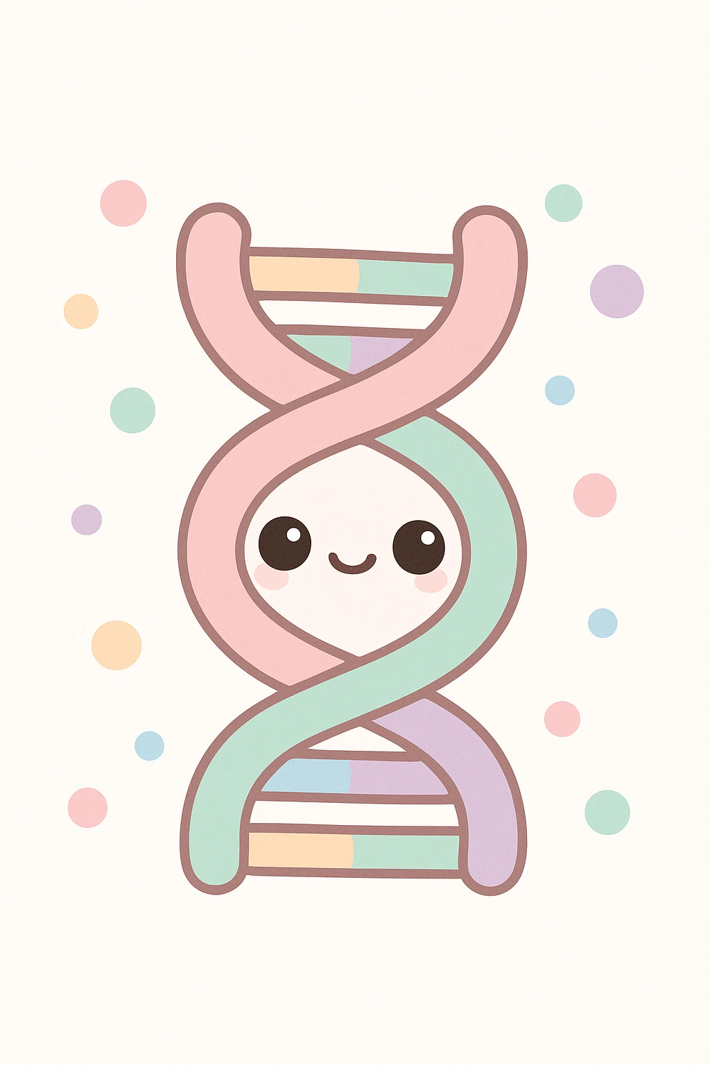 Kannst du mir bitte ein Bild erstellen im Kawaii-Stil? Also ganz übertrieben kitschig, also pastellige Farben mit den Thema Genetik. emoji
