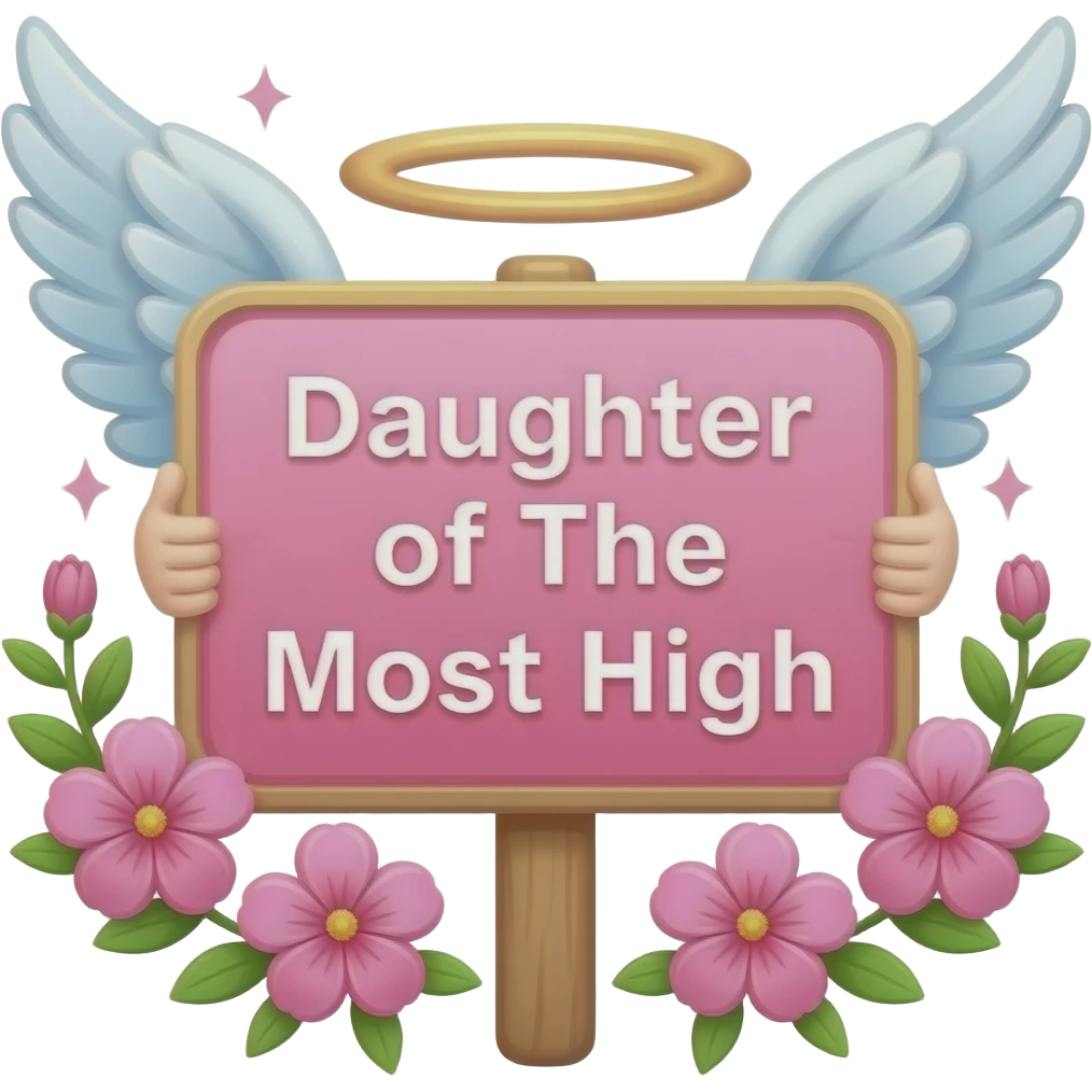 link pink sign and on its written with white font "Daughter of The Most High" angel white wings behind sign, pink flowers and sparkles emoji
