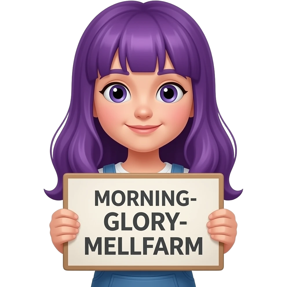 girl with long purple hair with a MORNING-GLORY-MELKFARM sign emoji