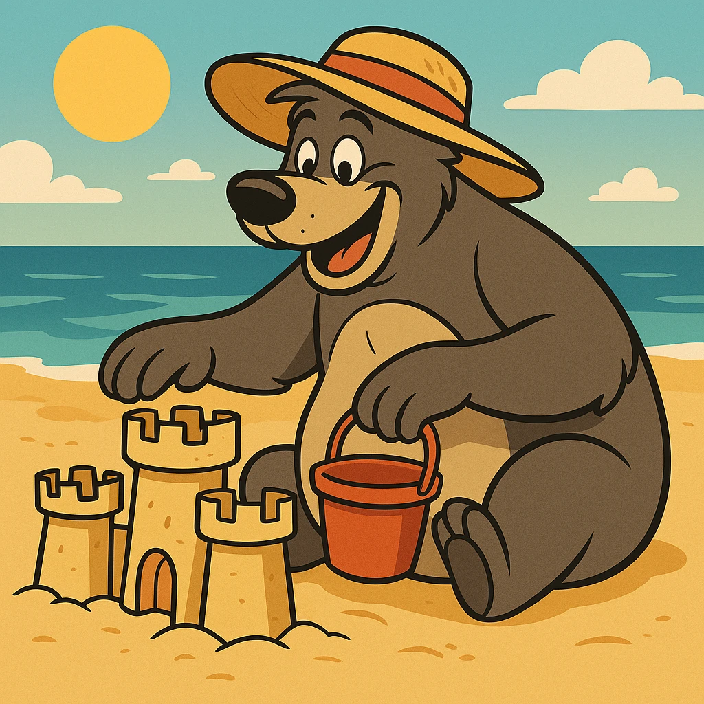 Add a sunhat to Baloo the bear while he builds a sandcastle on the beach, preserving the playful flat toon cartoon style with bright colors and fun atmosphere. emoji