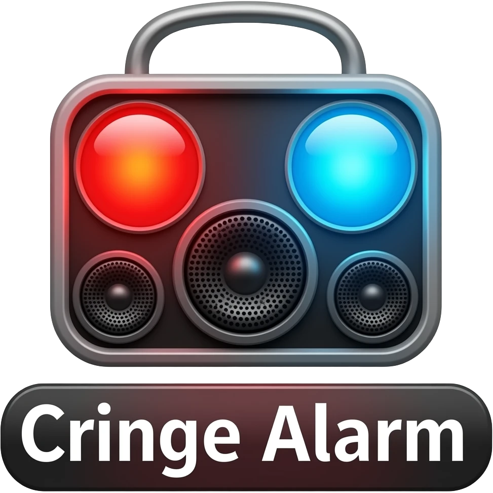 A blaring alarm with visual sound effects, a label below it with text "Cringe Alarm", filled background emoji