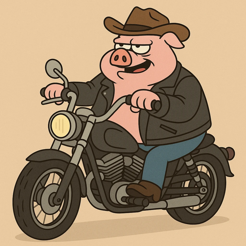 boss hog piggy, riding a motorcycle, leather jacket, cartoon style emoji