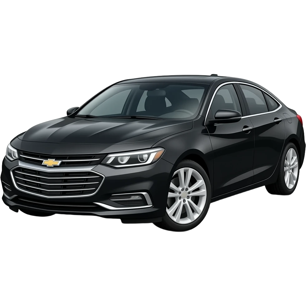 A realistic, high-detail photograph of a glossy black Chevrolet Malibu 2 Turbo Premier sedan with tinted windows, glowing white alloy rims, and bright LED headlights emitting a soft white glowing effect, 8k resolution, cinematic lighting. emoji