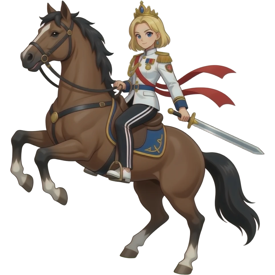 blonde shoulder length haired female android 18 from dragon ball super are wear gold tiara white military tunic arm badge shoulder cord medal red sash blue belt black trouser with two side stripes white shoes have riding on horse rearing up top of mountain showing heroic with sword emoji