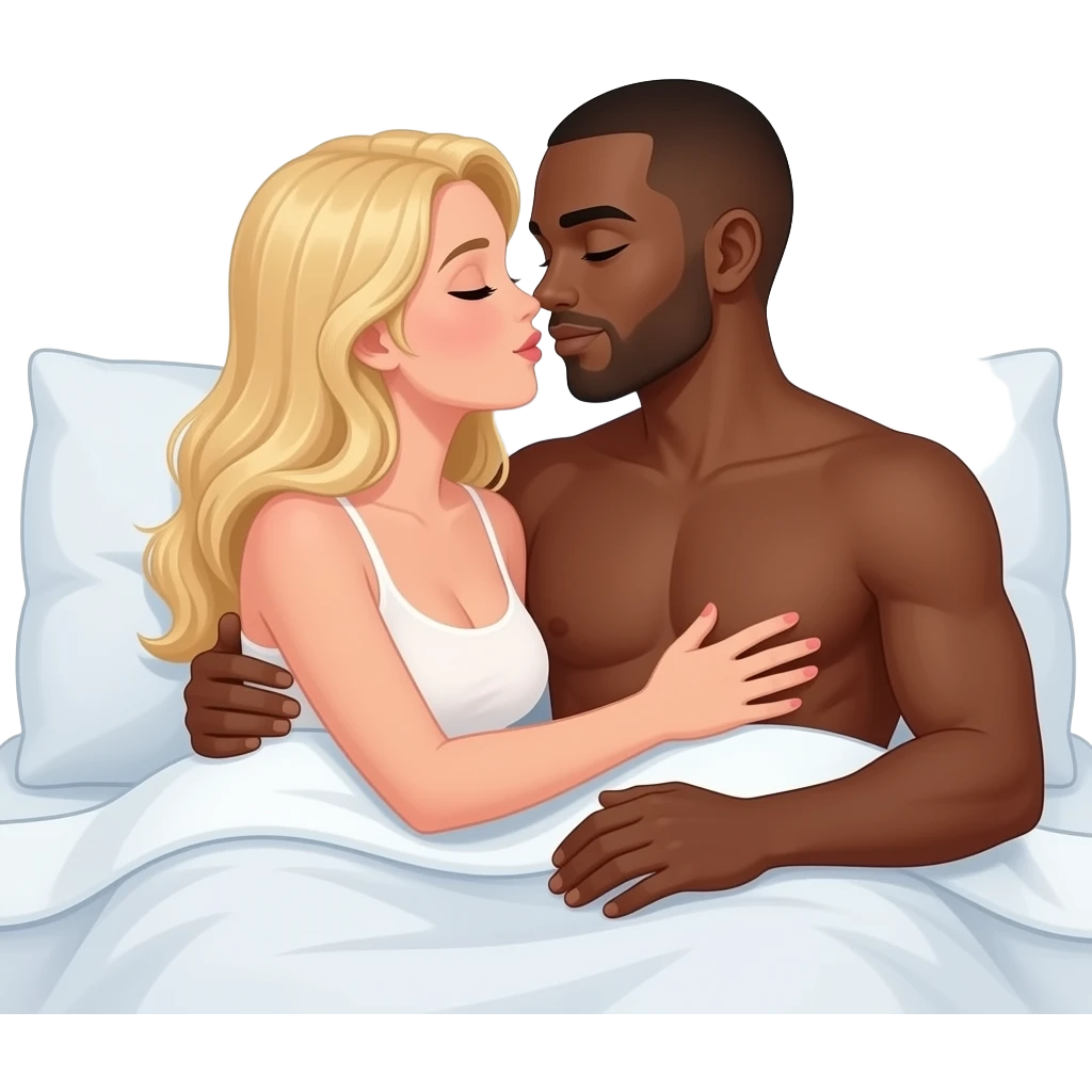 Blonde woman with black bald boyfriend making sweet love naked in bed emoji