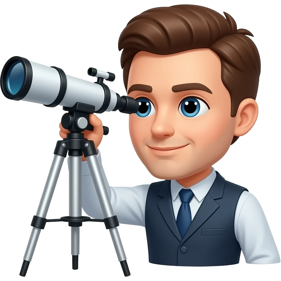 male astronomer with brown hair gazing into a telescope emoji