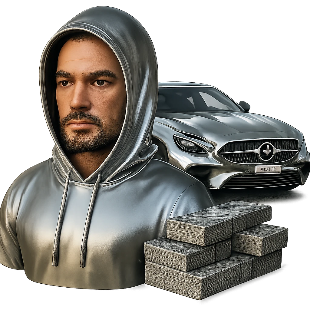 Make only the Indian man's hoodie chrome, keeping his skin and face natural. Add a goatee to the man. Include money on the side and a chrome AMG car in the scene. Keep the background transparent. emoji