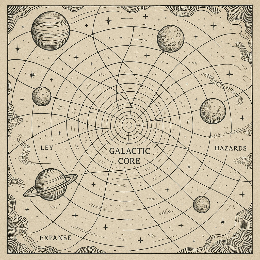 a design for an decorative black and white map, showing linework of galactic planets and a galactic ley lines. matrix map. black linework. neat and minimal design, showing expanse and hazards deep into space beyond the galactic core

 emoji
