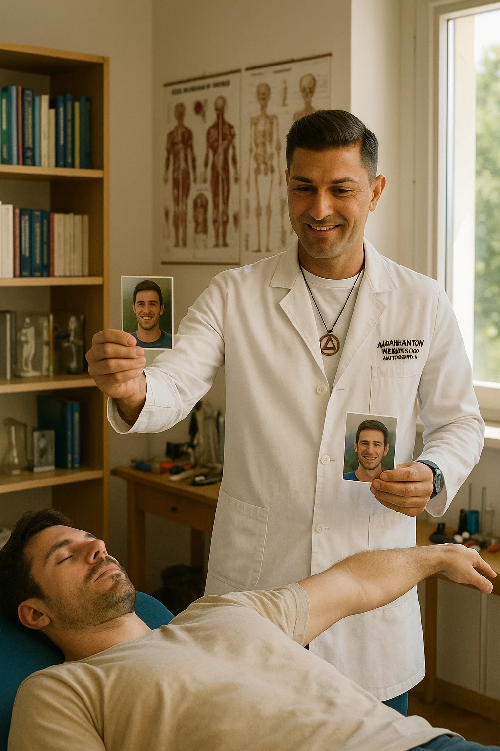 a middle-aged man, dressed in casual professional attire, is in a bright, organized therapy studio. Durante una visita di kinesiologia, il testimone tiene con una mano la foto di una persona lontana (il “testimone”) tiene la foto in mano, mentre con l’altra mano esegue un test muscolare su un cliente presente. Sullo sfondo si vedono libri di kinesiologia, poster anatomici e strumenti tipici della disciplina. L’atmosfera è concentrata e serena, con luce naturale che entra dalla finestra, sottolineando l’aspetto alternativo e umano della pratica. emoji