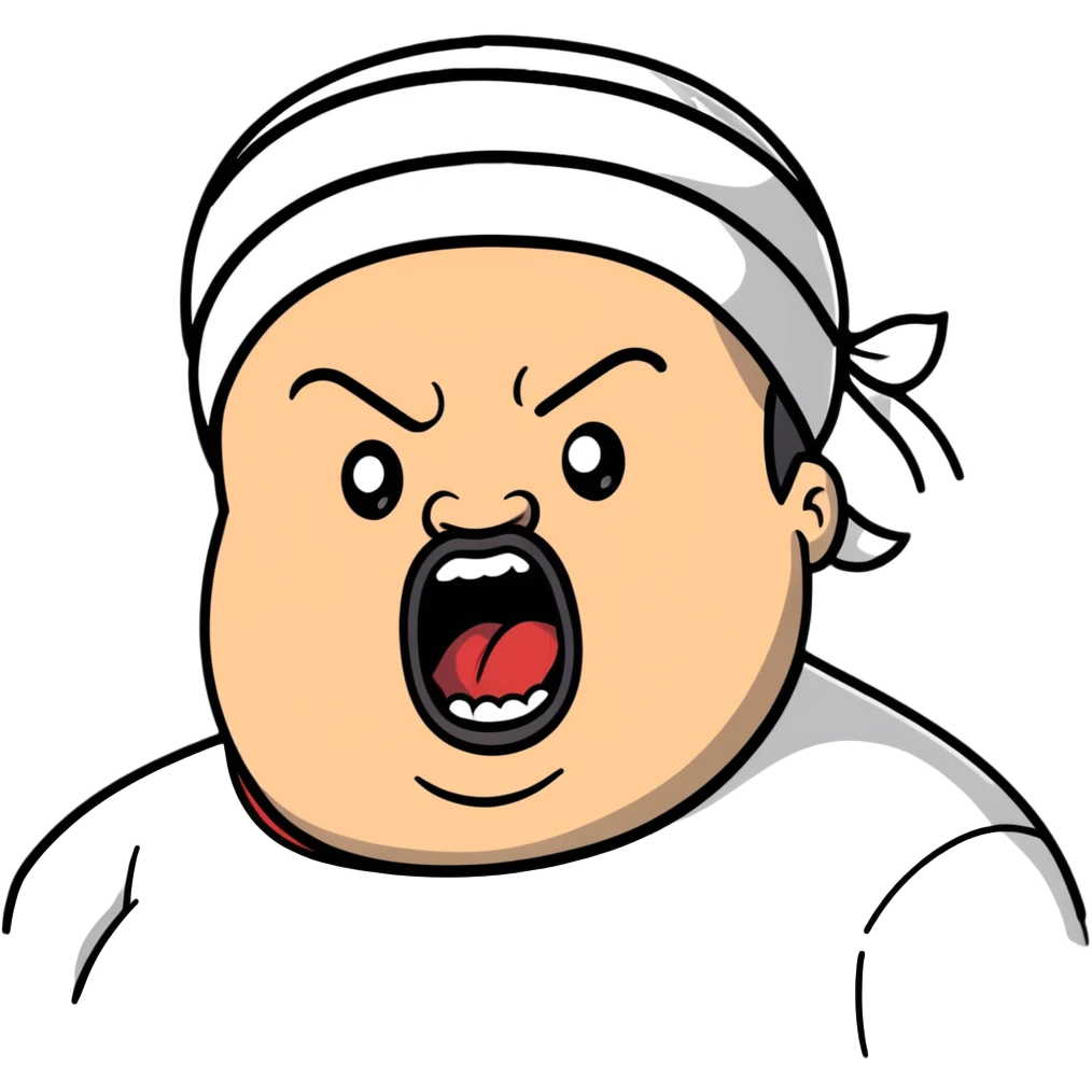 Super extreme tight close-up of just the face of morbidly obese white skin guy with young face, prominent BLACK DURAG tied clearly on head, black beard but no mustache, clean shaven upper lip, black eyes, mouth wide open screaming angrily emoji