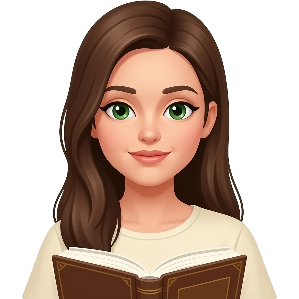woman with green eyes and long brown hair straight looking down at a brown book in a cream top emoji