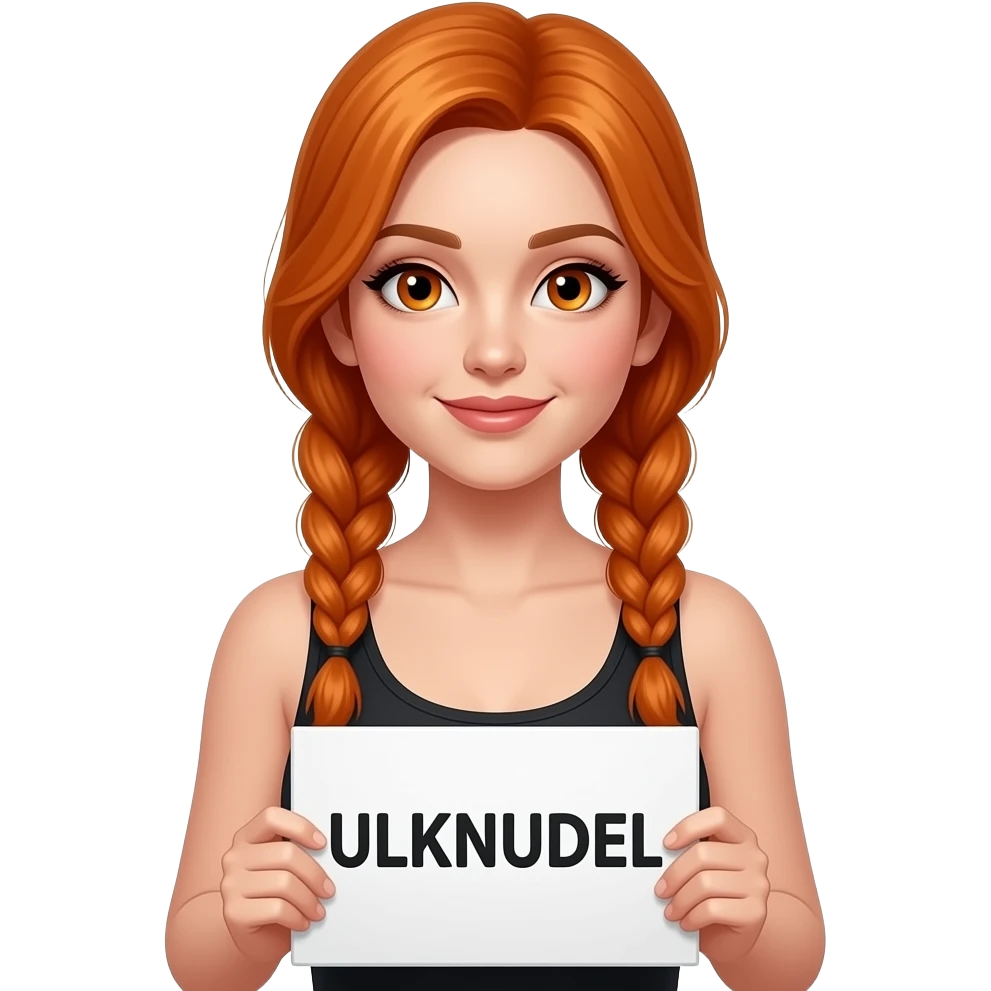 sexy girl with long ginger braids and ginger eyes wearing a black tanktop is holding a white sign with ULKNUDEL written on it emoji