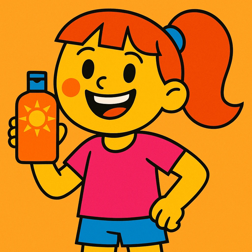 bright cartoon style of a girl holding a bottle of sunscreen and smiling emoji
